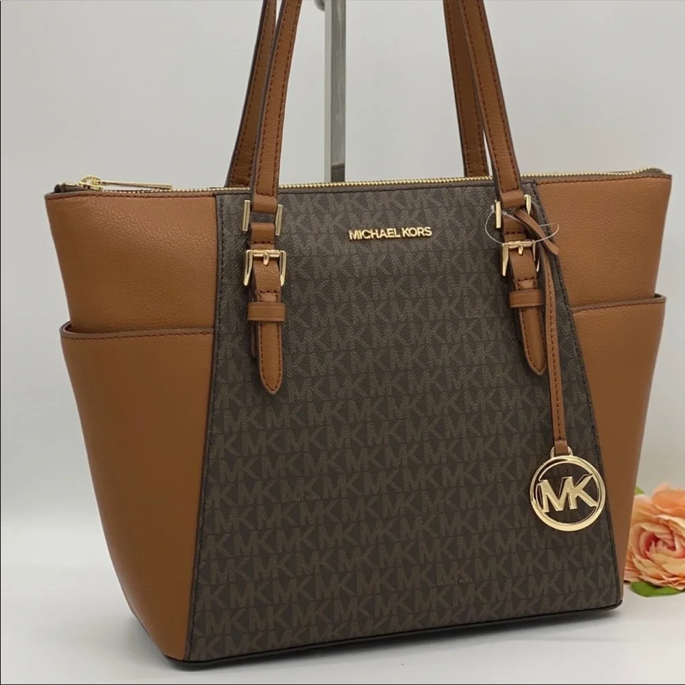 MICHAEL KORS CHARLOTTE LG TZ TOTE BROWN - Picture 2 of 15